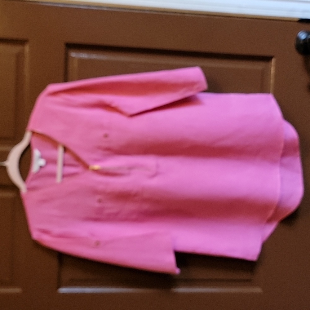 Ellen Tracy-Linen hot pink top with gold zipper with short roll sleeves. S. - Picture 2 of 11